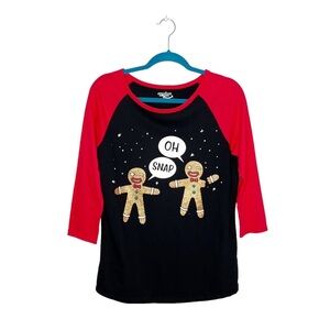 Joe Boxer Glitter Gingerbread Oh Snap Red & Black Raglan Tee Shirt